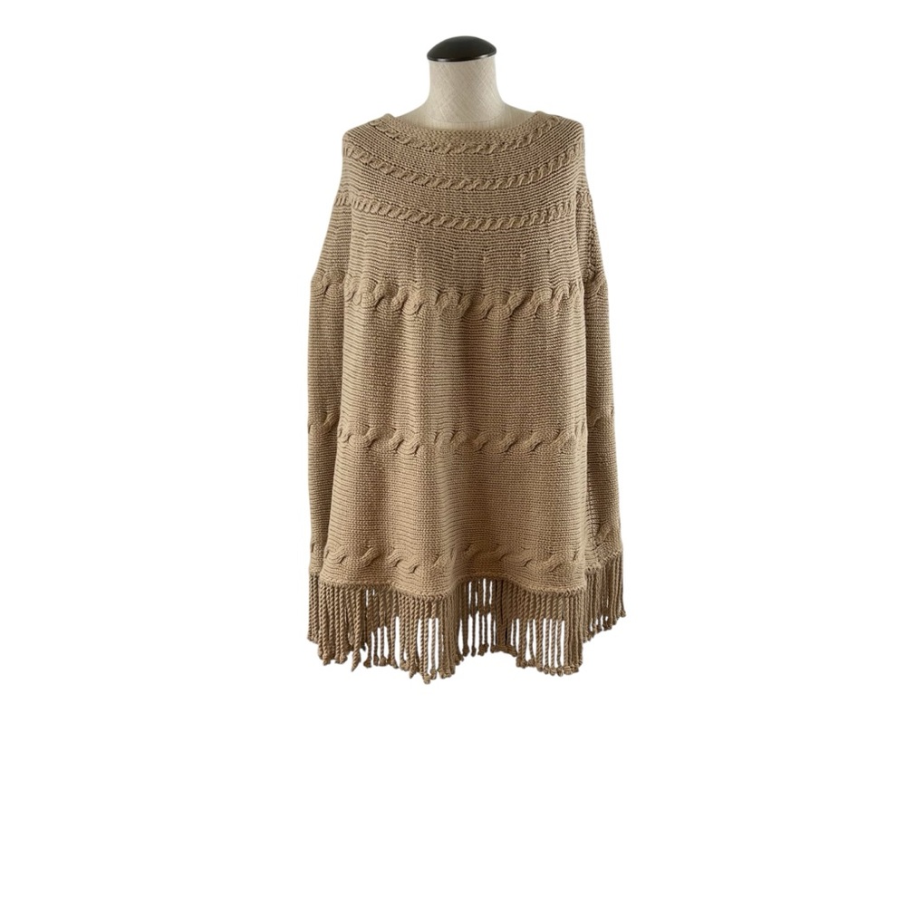 Lands End  Poncho Sweater Tan Pullover Cable Knit Fringe Wool Blend Sz S…